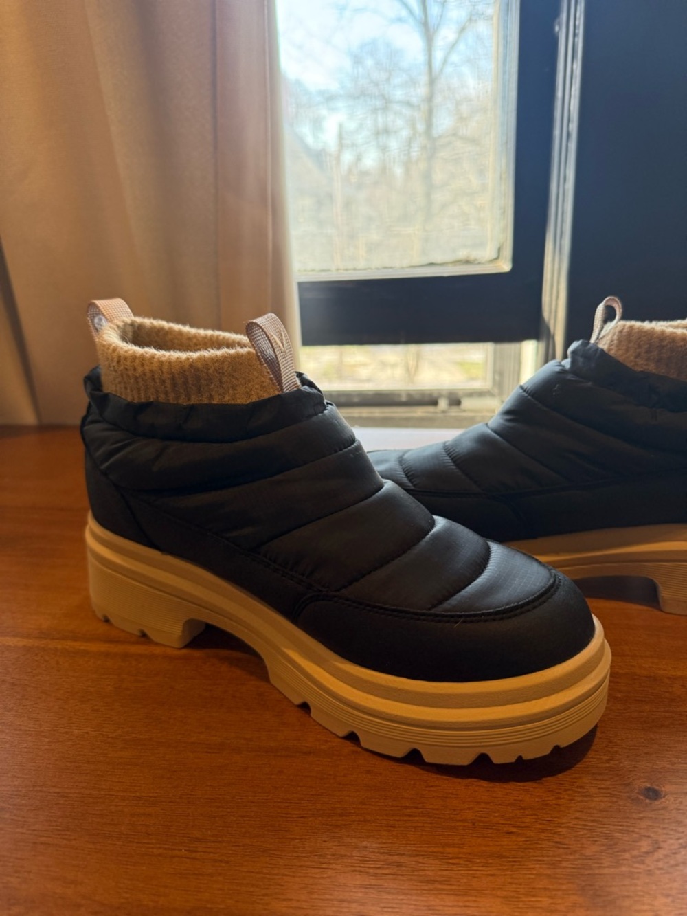 Quilted Black Winter Ankle Boots with Tan Platform Sole